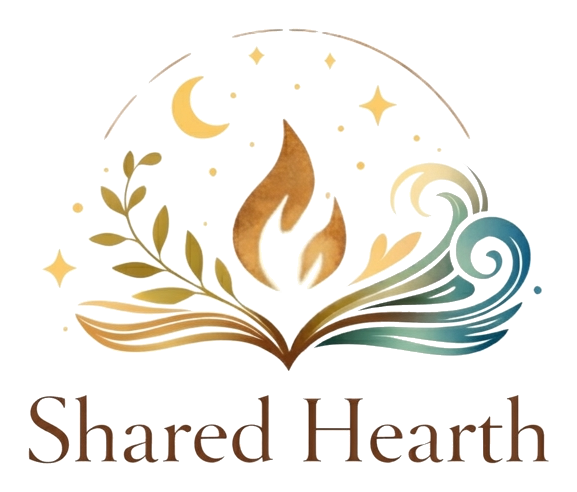 Shared Hearth — illustrated mark of an open book with a small flame, leaves, and gentle water lines