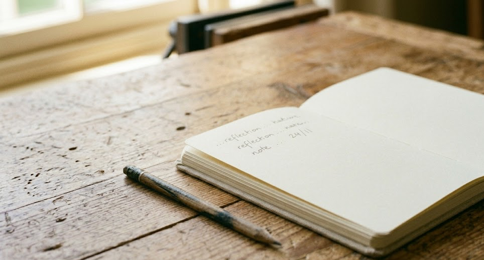 A quiet morning at the writing desk: a steaming mug of tea, an open notebook, and a wooden pencil in soft window light.